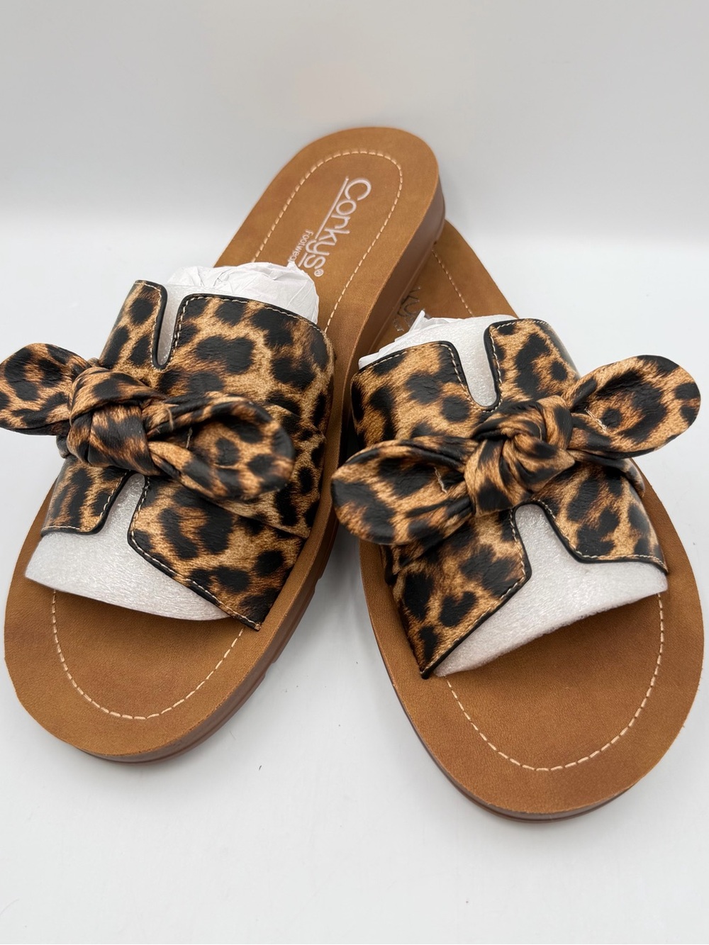 Corkys Footwear Womens 9 Too Cute Sandal Slide Knot Bow Leopard Comfort